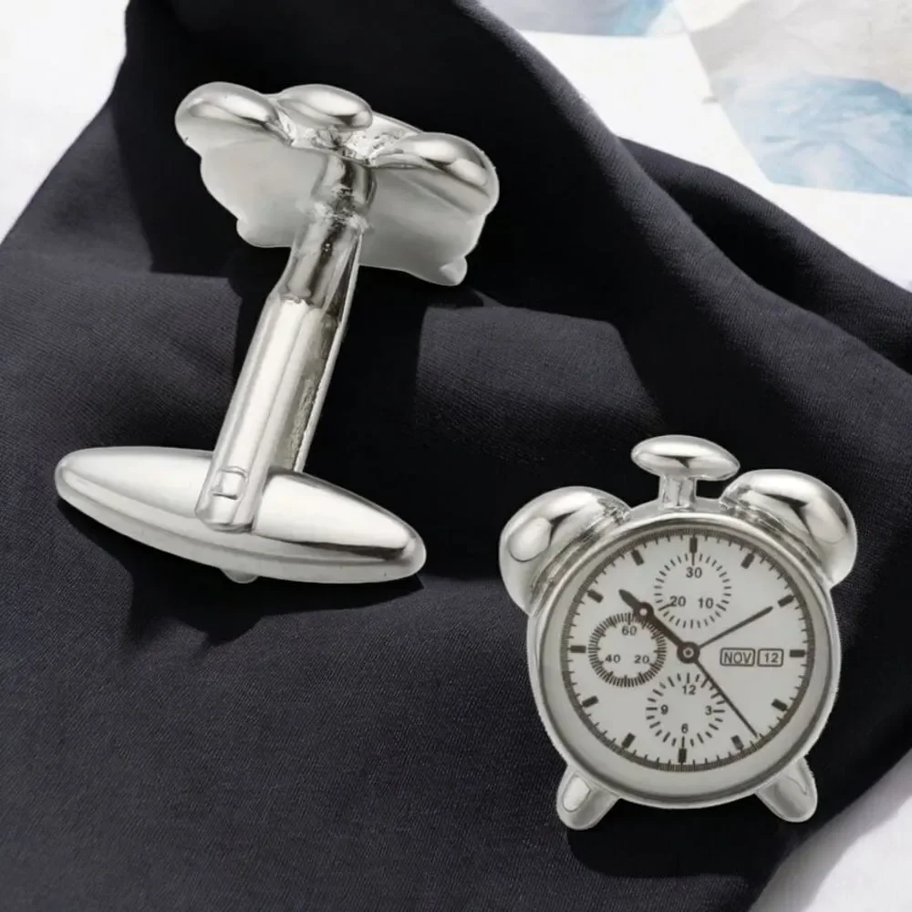 Vintage Alarm Clock Cufflinks Analog Twin Bell Silver Novelty Chronograph Formal